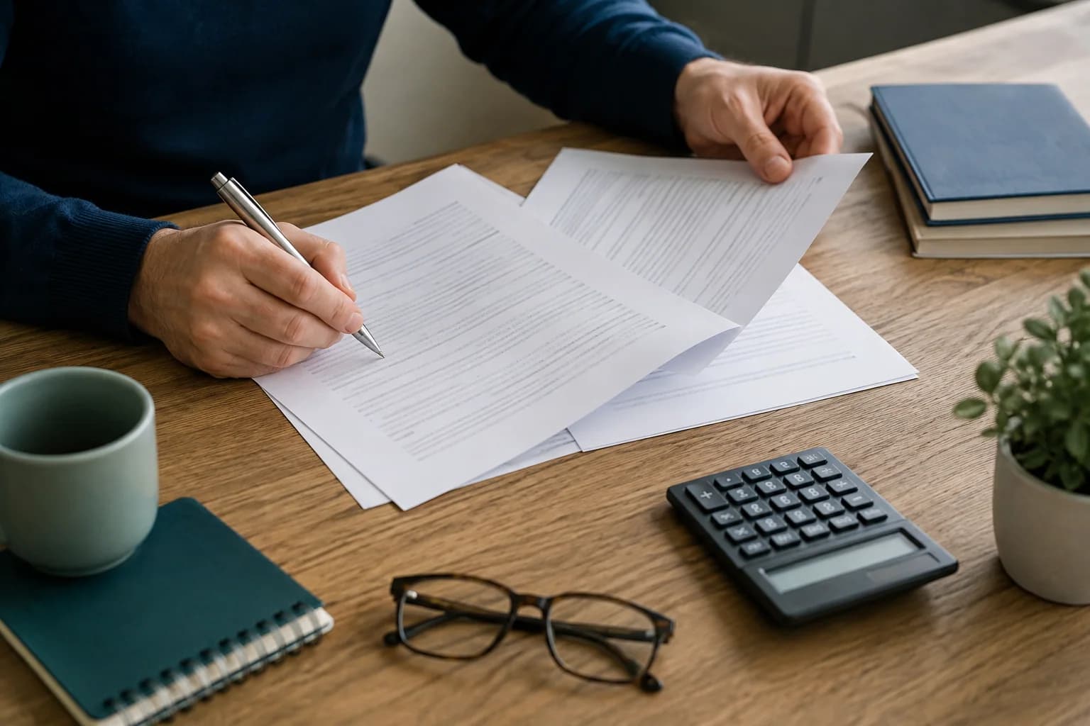 A business owner checking contract pages, charges and figures before signing