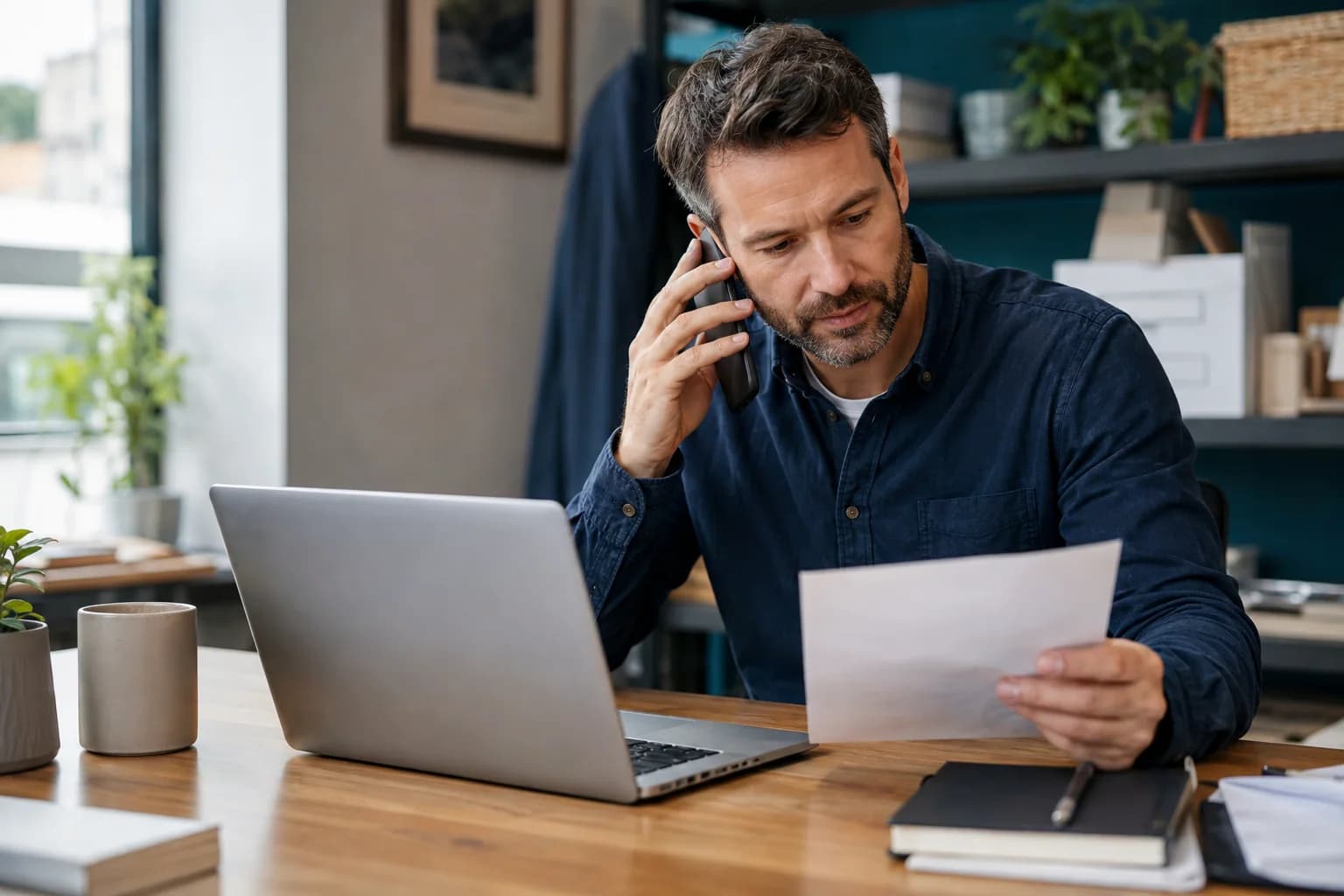 A business owner independently verifying an unexpected energy sales call using a laptop and paper bill